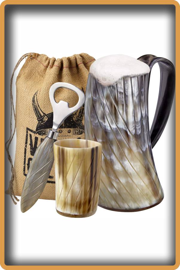 IMAGEN halloweenesco jarras de cerveza originales Viking Culture Ox Horn Taza vaso de chupito y abrebotellas 02