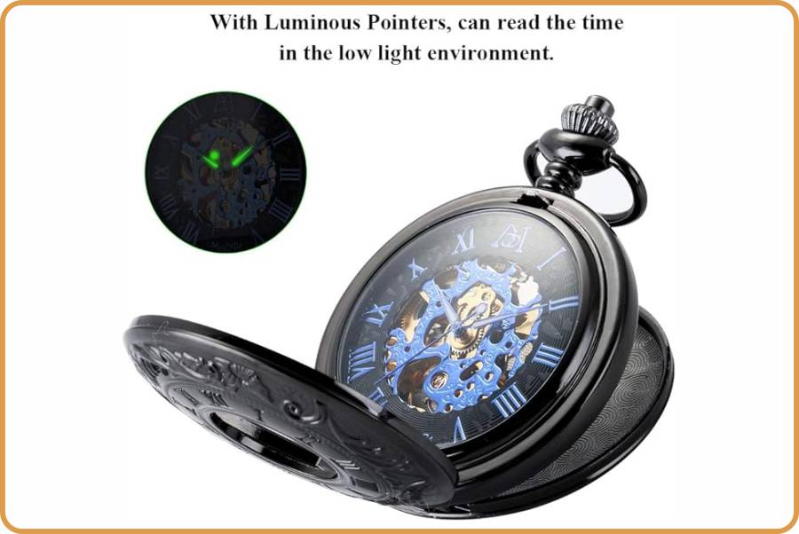 IMAGEN - halloweenesco - reloj de bolsillo para hombre - ManChDa Mechanical Double Cover Roman Numerals Dial Skeleton - 02