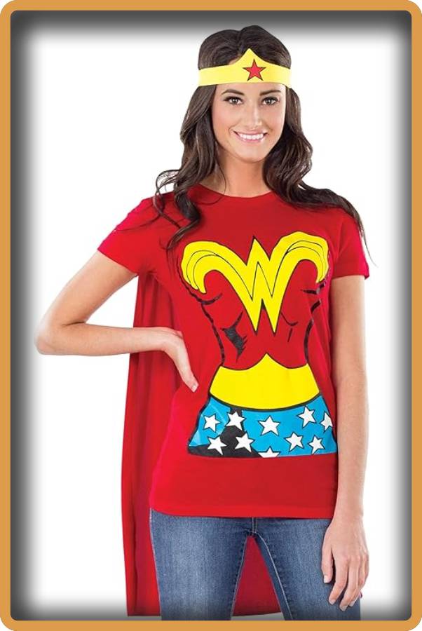 IMAGEN - halloweenesco - V2 - Disfraces de Mujer para Halloween - mejores disfraces de halloween para mujer - Rubie s Dc Comics Wonder Woman - playera con capa y diadema Disfraces de tamaño adultoMujer - 05