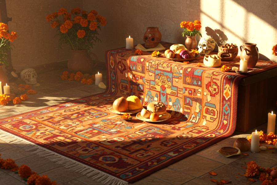 IMAGEN - halloweenesco - V2 - Que Significa la Tierra en el Altar de Muertos - Tapete Estilo Prehispánico para Altar Una Base para Colocar los Cuatro Elementos - 06